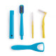 Orthodontic care set for braces with a tongue scraper, blue